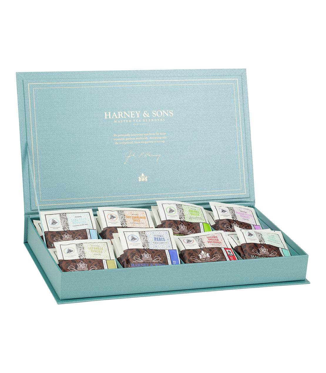 Harney & Sons tea chest with eight assorted tea varieties in elegant packaging, open to display contents.