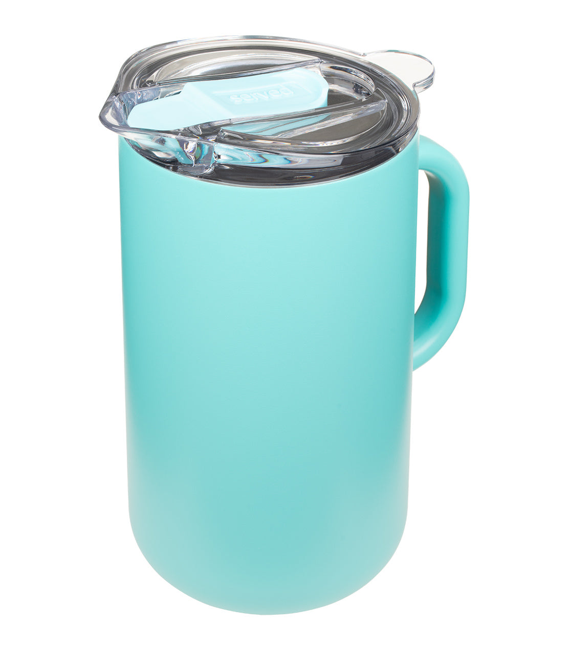 Served- 34 ounce- Vacuum Insulated Pitcher- Blue Lemonade- Photo from above with clear lid featured