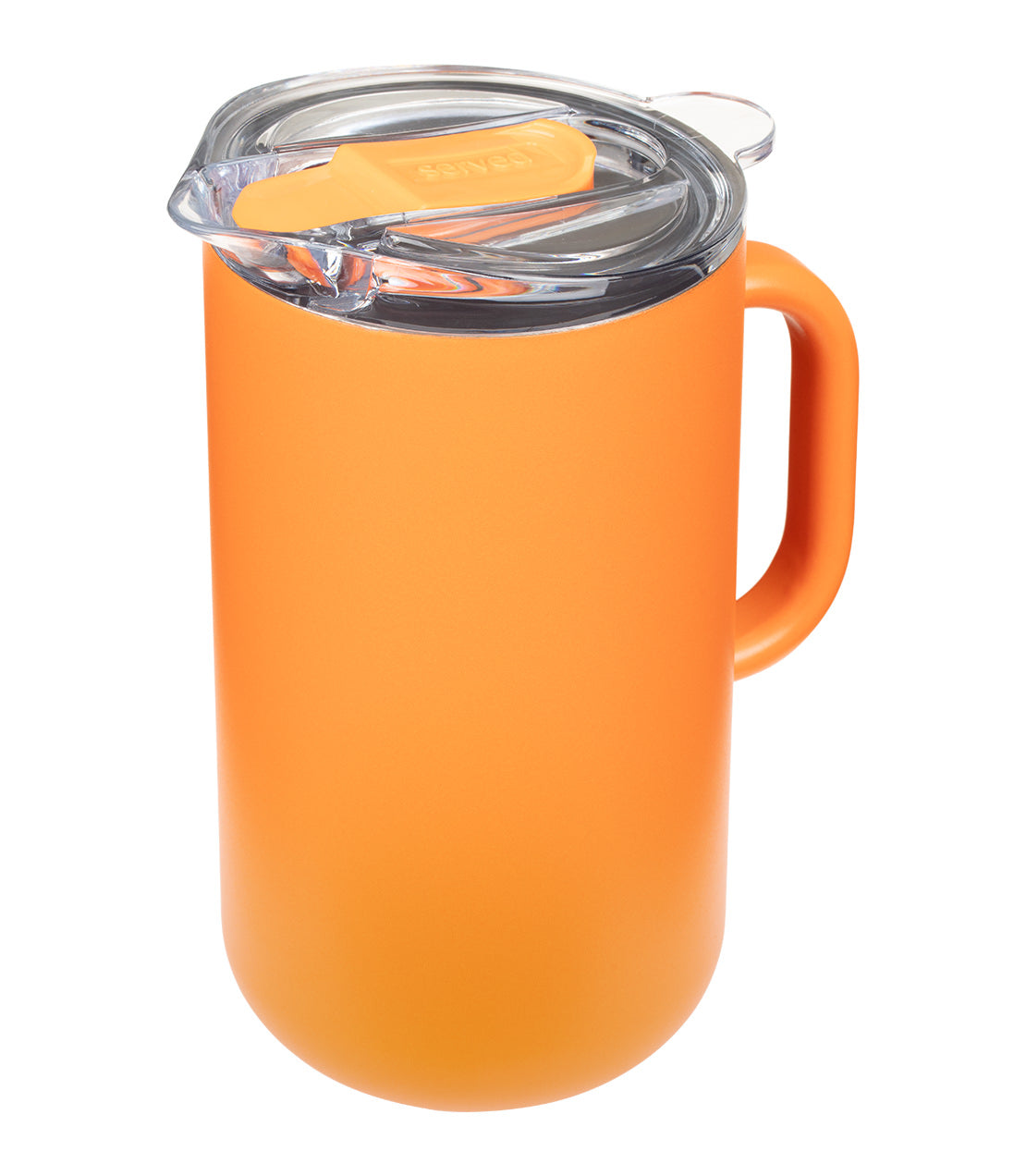 Served- 34 ounce- Vacuum Insulated Pitcher- Tangerine- Photo from above with clear lid featured