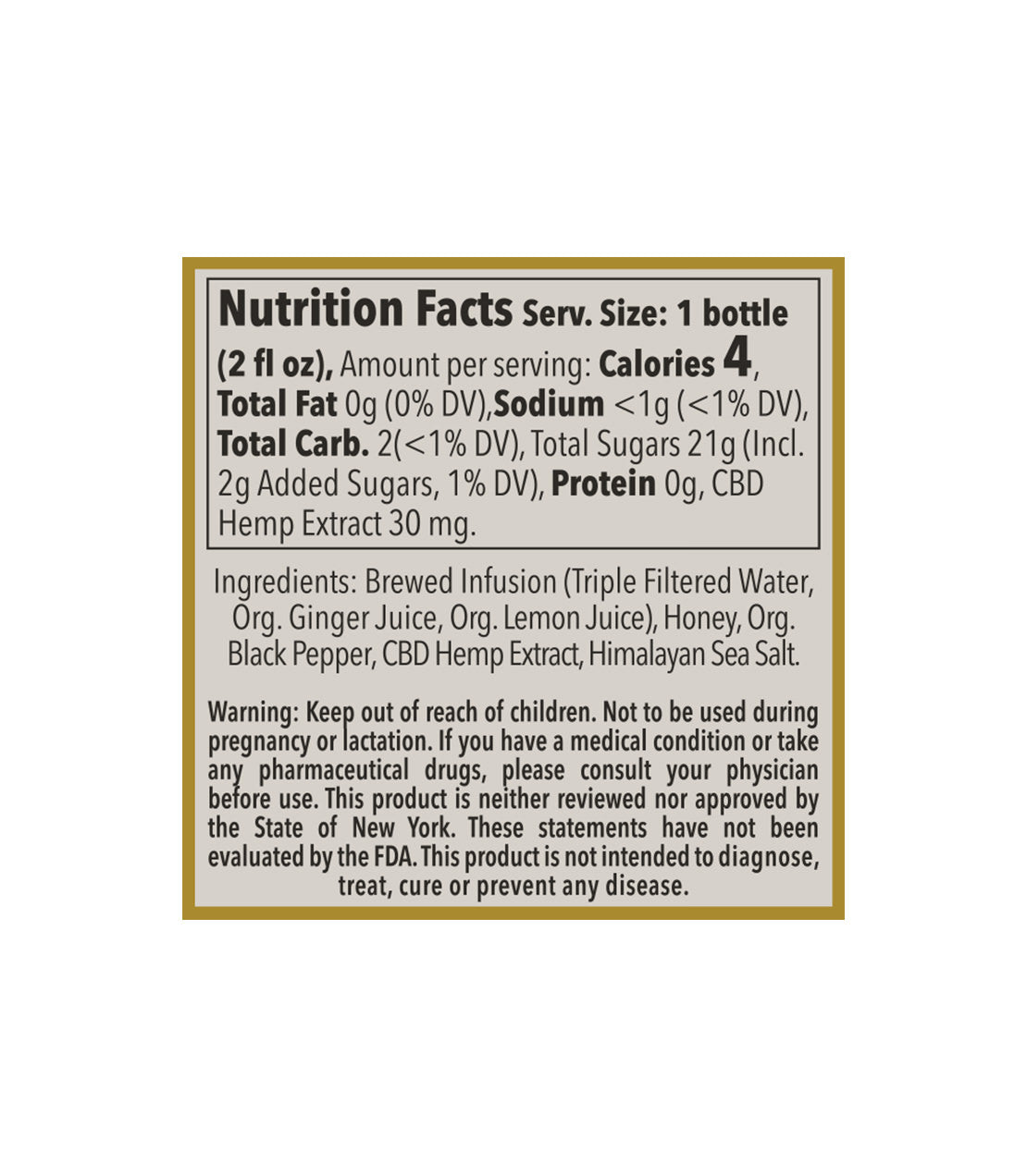 The Hemp Division- 2 fl oz Ginger Shot- 30 Milligrams CBD- Nutrition Facts