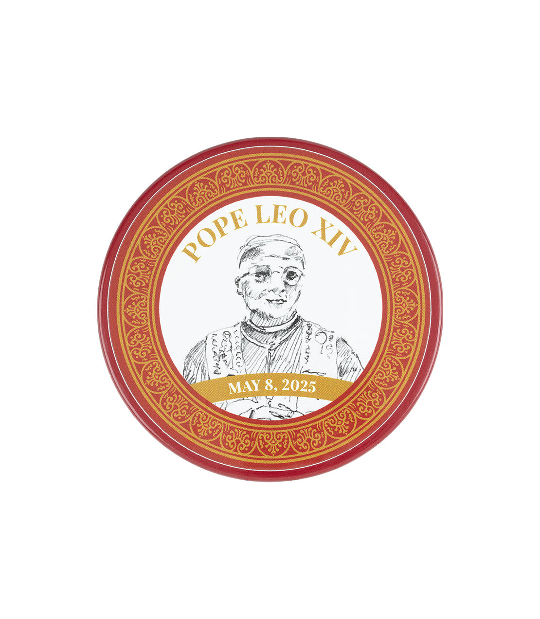 Harney & Sons Fine Teas- Tagalong- Pope Leo XIV- May 8, 2025- Red and yellow tin with black and white pencil sketch of Pope