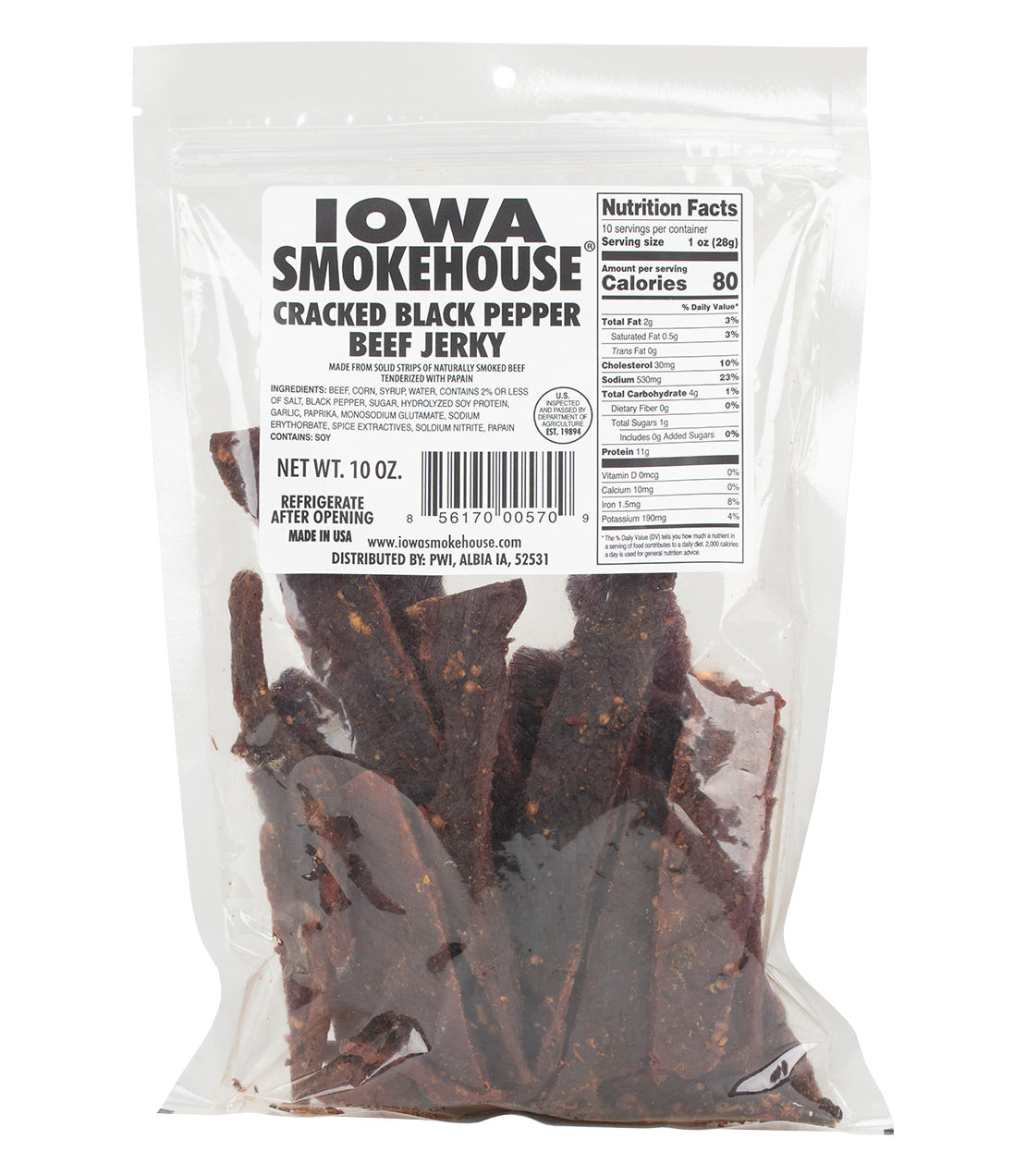 Iowa Smokehouse- Cracked Black Pepper Beef Jerky- Clear 10oz bag filled with Jerky