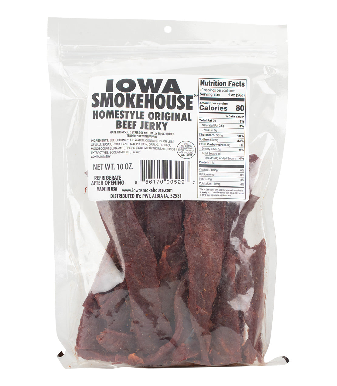 Iowa Smokehouse- Homestyle Original Beef Jerky- Clear 10oz bag filled with Jerky