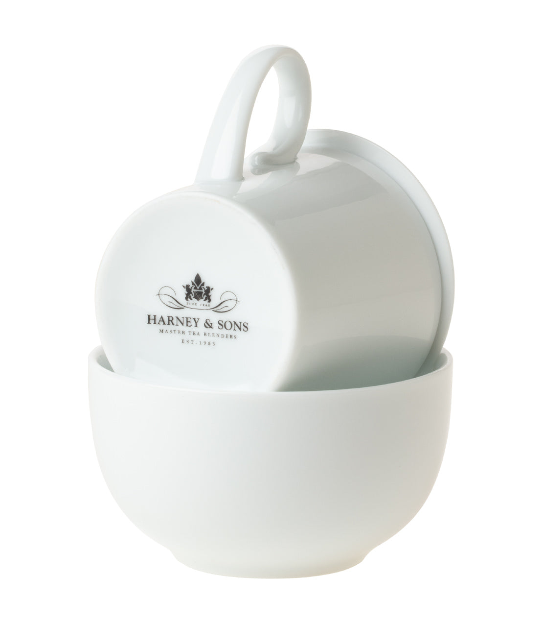 Harney & Sons logo tasting cup set featuring a white cup and bowl, elegantly stacked.