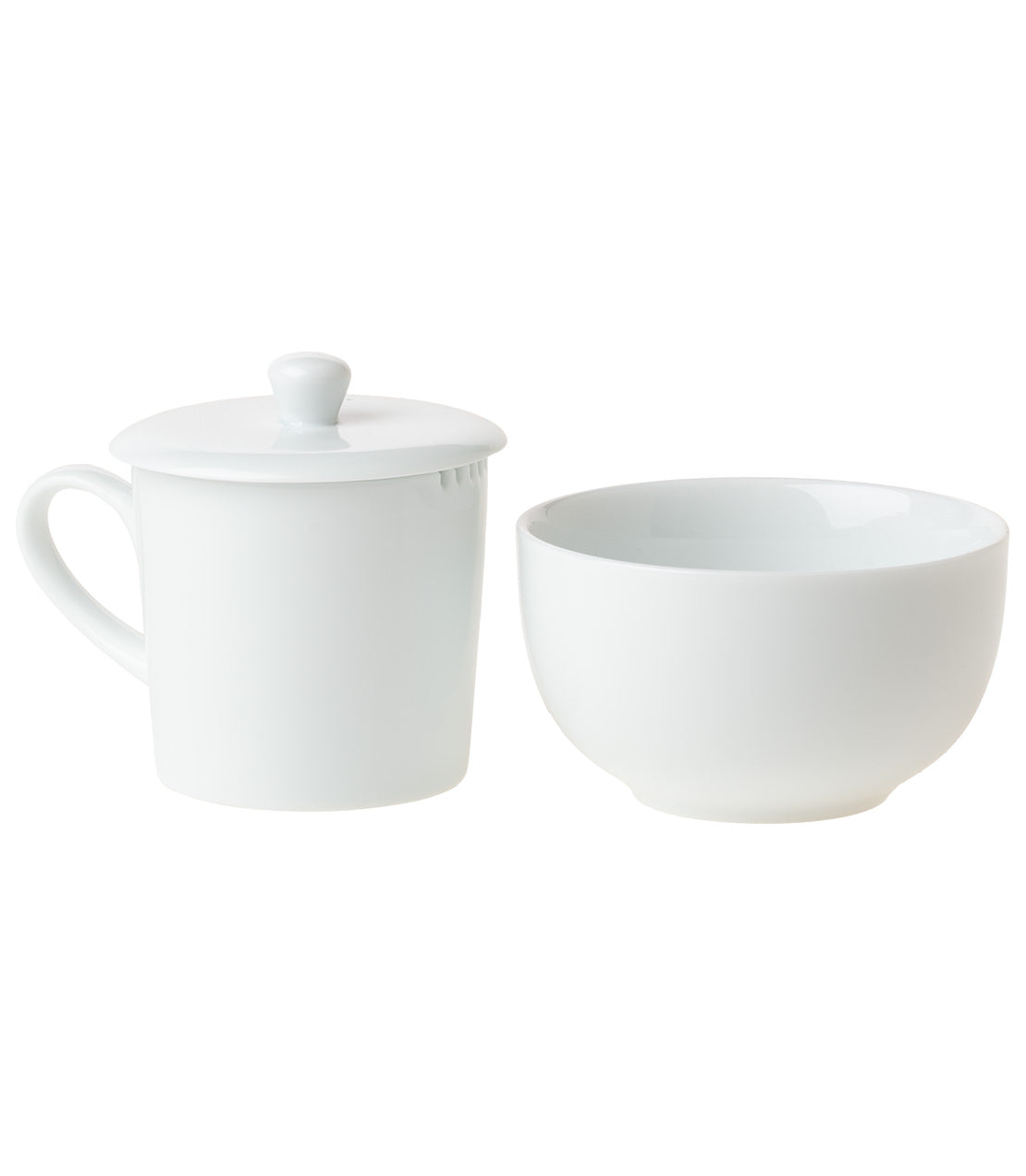 Harney & Sons logo tasting cup set featuring a white cup with lid and a matching bowl for tea tasting.