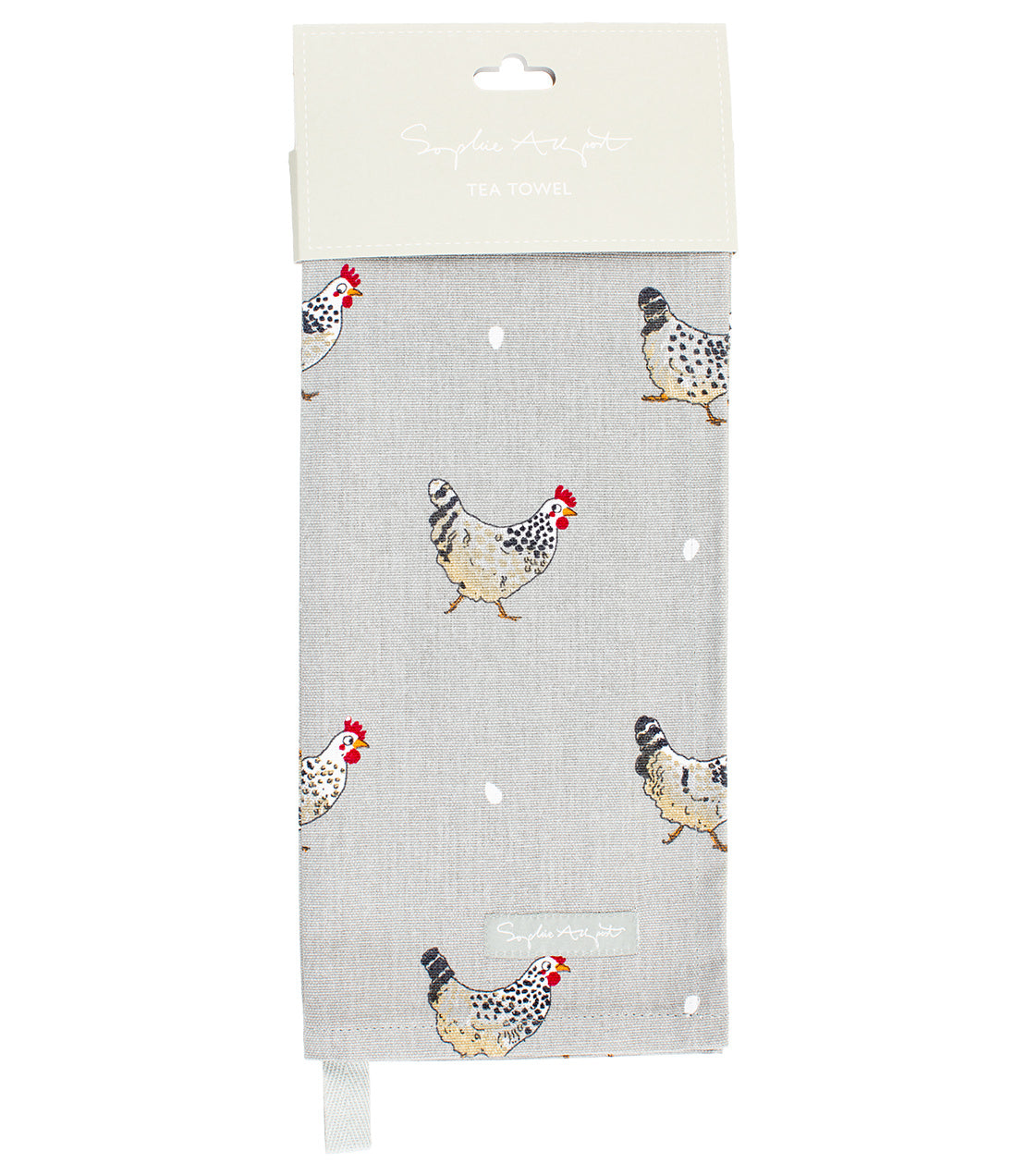 Sophie August Tea Towel- Lay a Little Egg- Gray Towel with Chickens and Eggs
