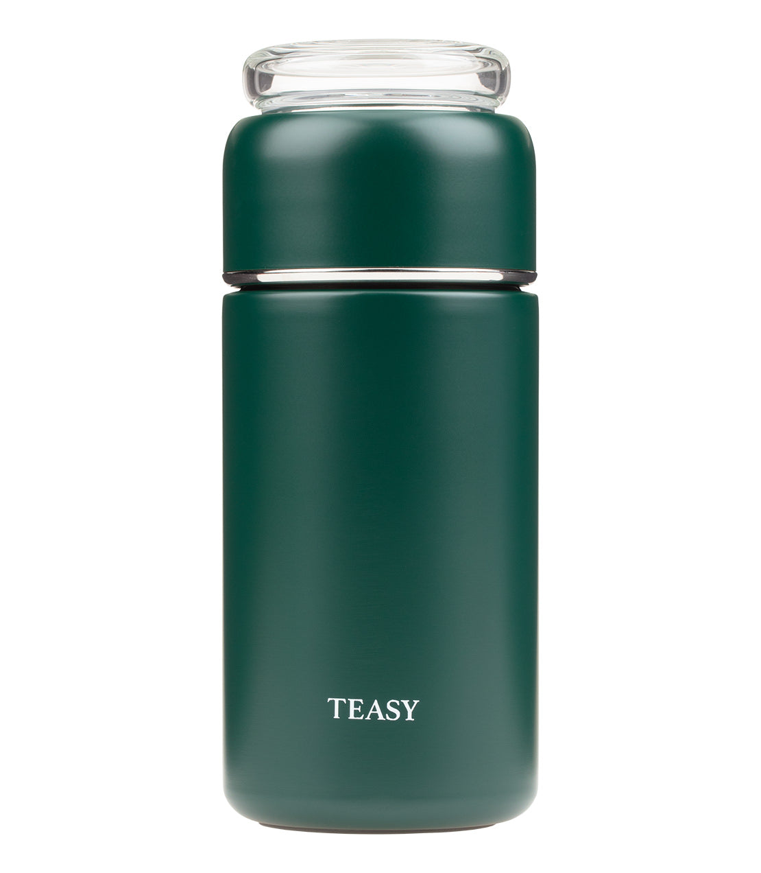 Teasy insulated flask in green, featuring a sleek design and a clear lid for easy access. Perfect for hot or cold beverages.