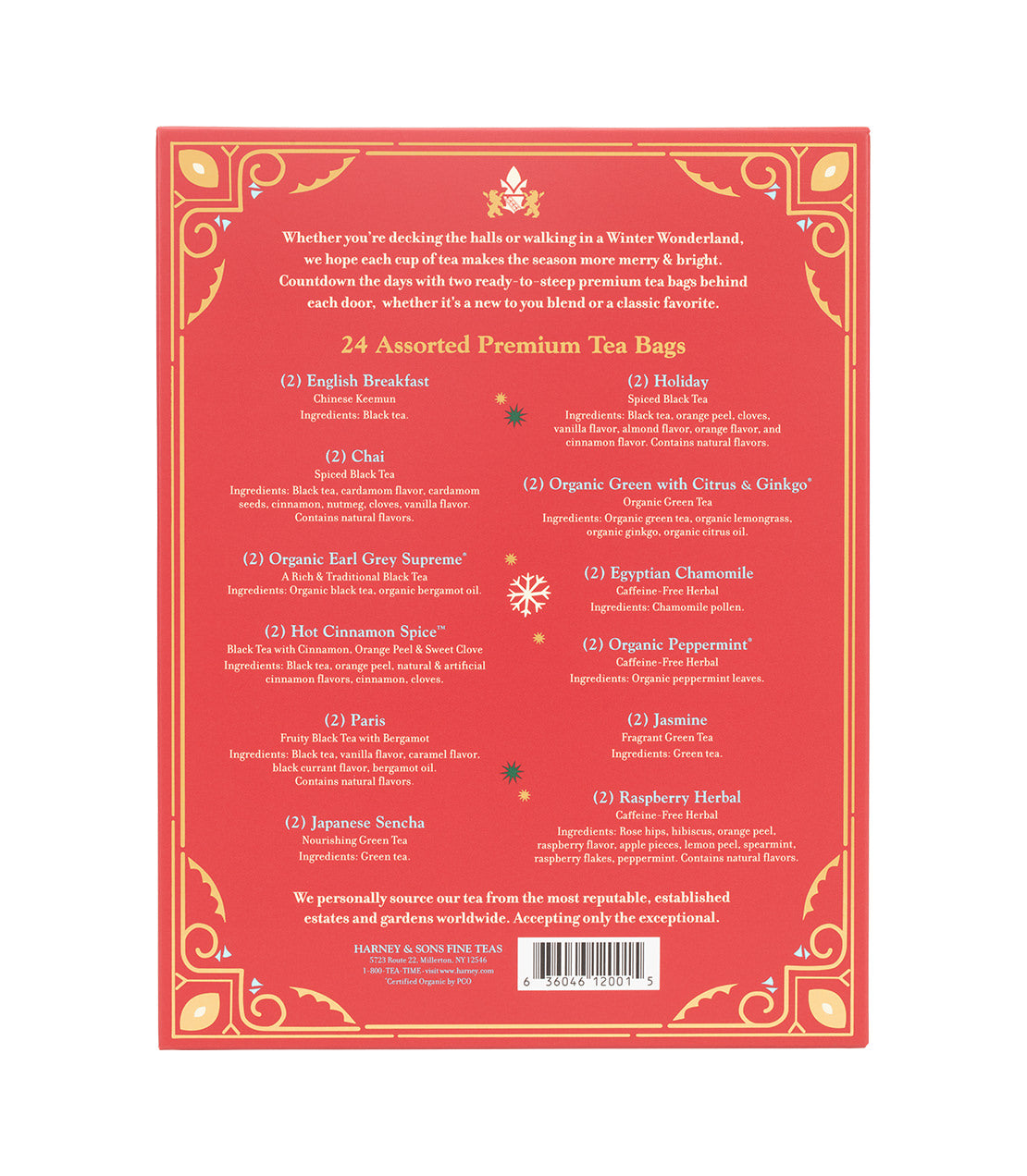 Harney & Sons Fine Teas- 12 Days of Tea- Winter Tea Countdown- 24 Assorted Premium Teabags- Red box with gold and blue highlights- Back of box