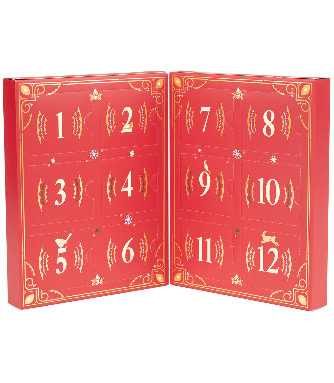 Harney & Sons Fine Teas- 12 Days of Tea- Winter Tea Countdown- 24 Assorted Premium Teabags- Red box with gold and white highlights- Open with 12 doors visible