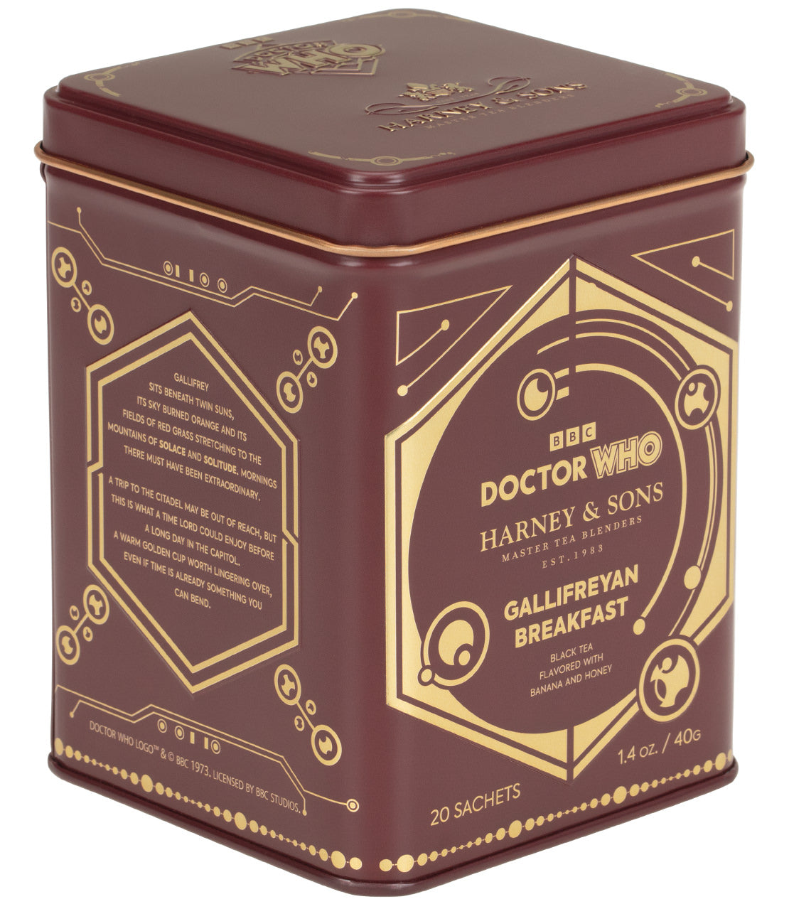A square metal tin of BBC Doctor Who Harney & Sons Gallifreyan Breakfast tea sachets, featuring a dark reddish-brown and gold design with the Doctor Who logo and Gallifreyan motifs.