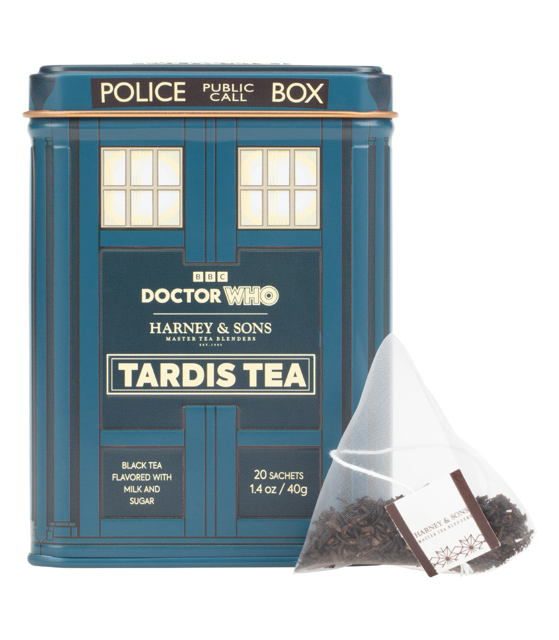 Doctor Who Tardis Tea by Harney & Sons, shown in a blue TARDIS-shaped tin with a single triangular tea sachet placed in front on a white background.