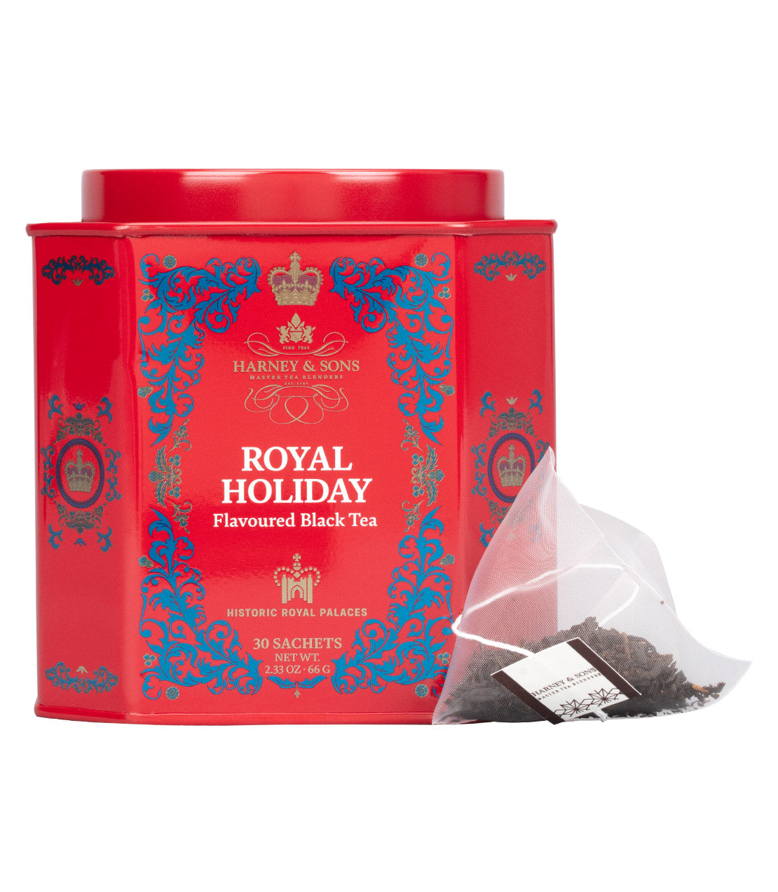 A red tin of Harney & Sons Royal Holiday flavoured black tea with a single sachet beside it.