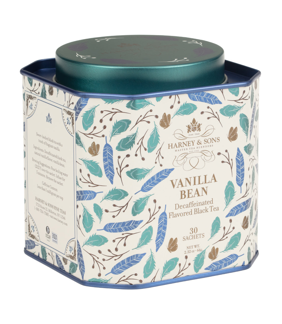 Harney & Sons Fine Teas- Vanilla Bean- White tin with green and blue feathers and gold butterflies- Containing 30 sachets