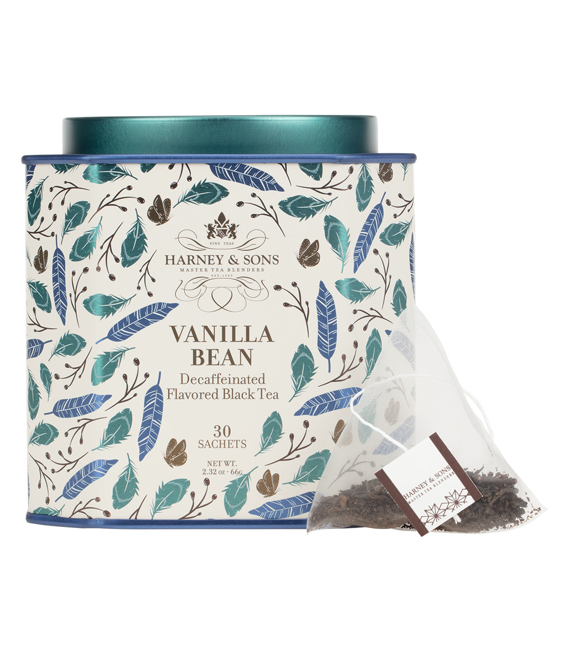 Harney & Sons Fine Teas- Vanilla Bean- White tin with green and blue feathers and gold butterflies containing 30 sachets- pictured behind a pyramid sachet