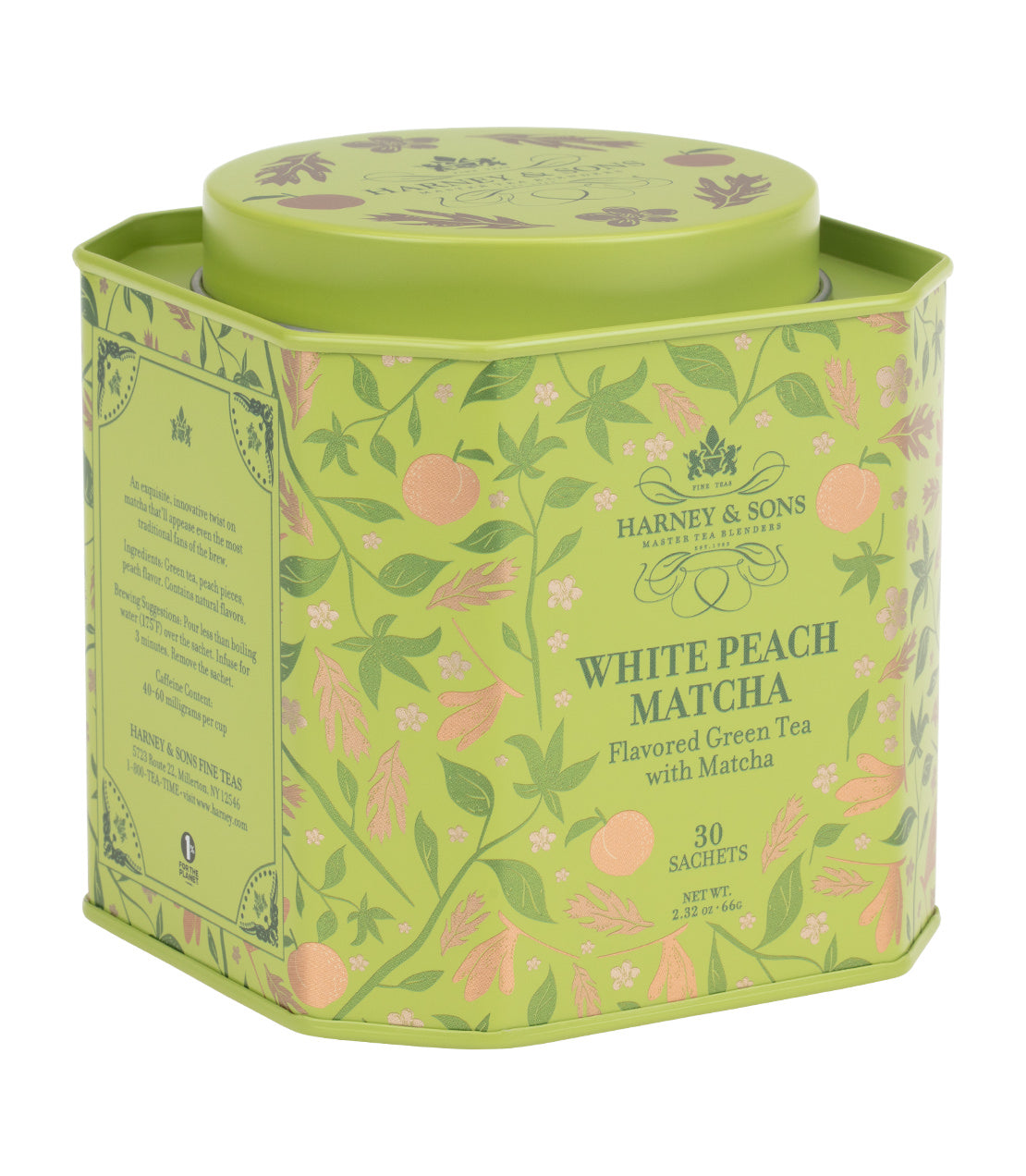 Harney & Sons Fine Teas- White Peach Matcha- Flavored Green Tea with Matcha- Icon Collection- Green tin of 30 sachets featuring leaves, flowers, and peaches-