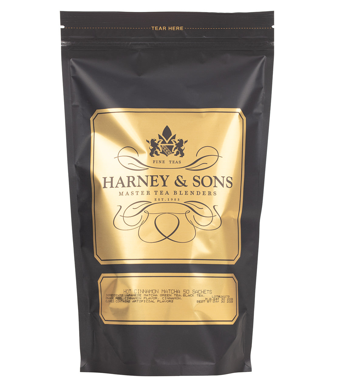 A black and gold stand-up resealable pouch of Harney & Sons Hot Cinnamon Matcha 50 count sachets on a plain white background.