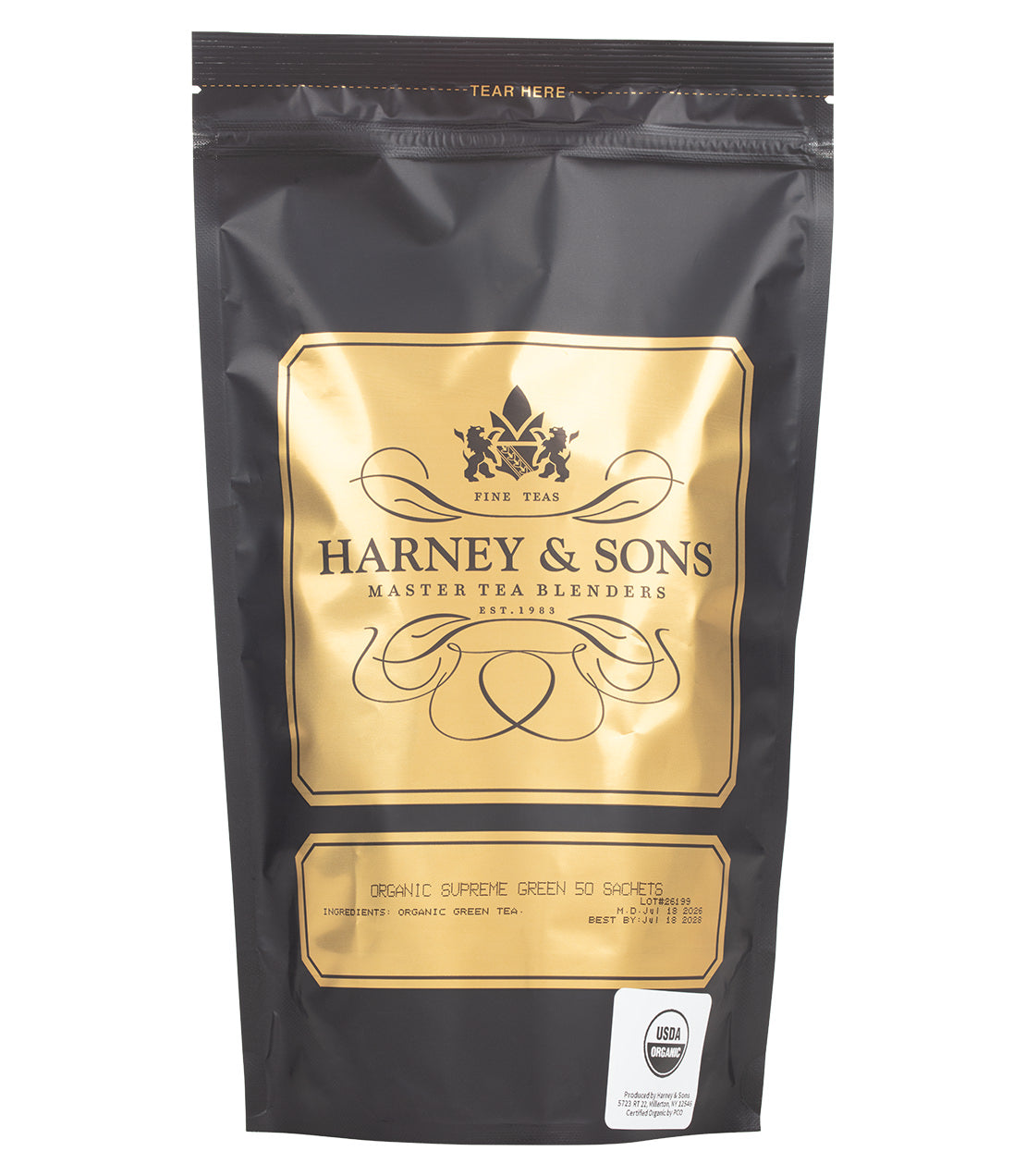 A black pouch of Harney & Sons Organic Supreme Green tea, featuring gold labeling and a USDA Organic seal, containing 50 sachets.