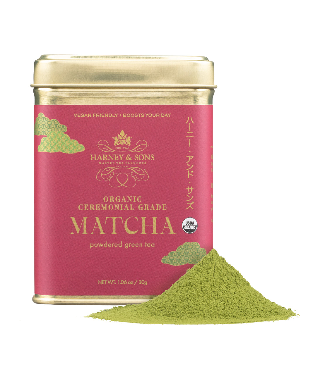 A red-labeled 30g tin of Harney & Sons organic ceremonial grade matcha powder, with a mound of vibrant green matcha powder displayed beside it.