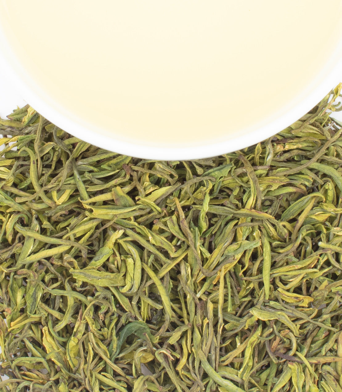 A white cup filled with pale tea sits above a pile of dried green tea leaves.