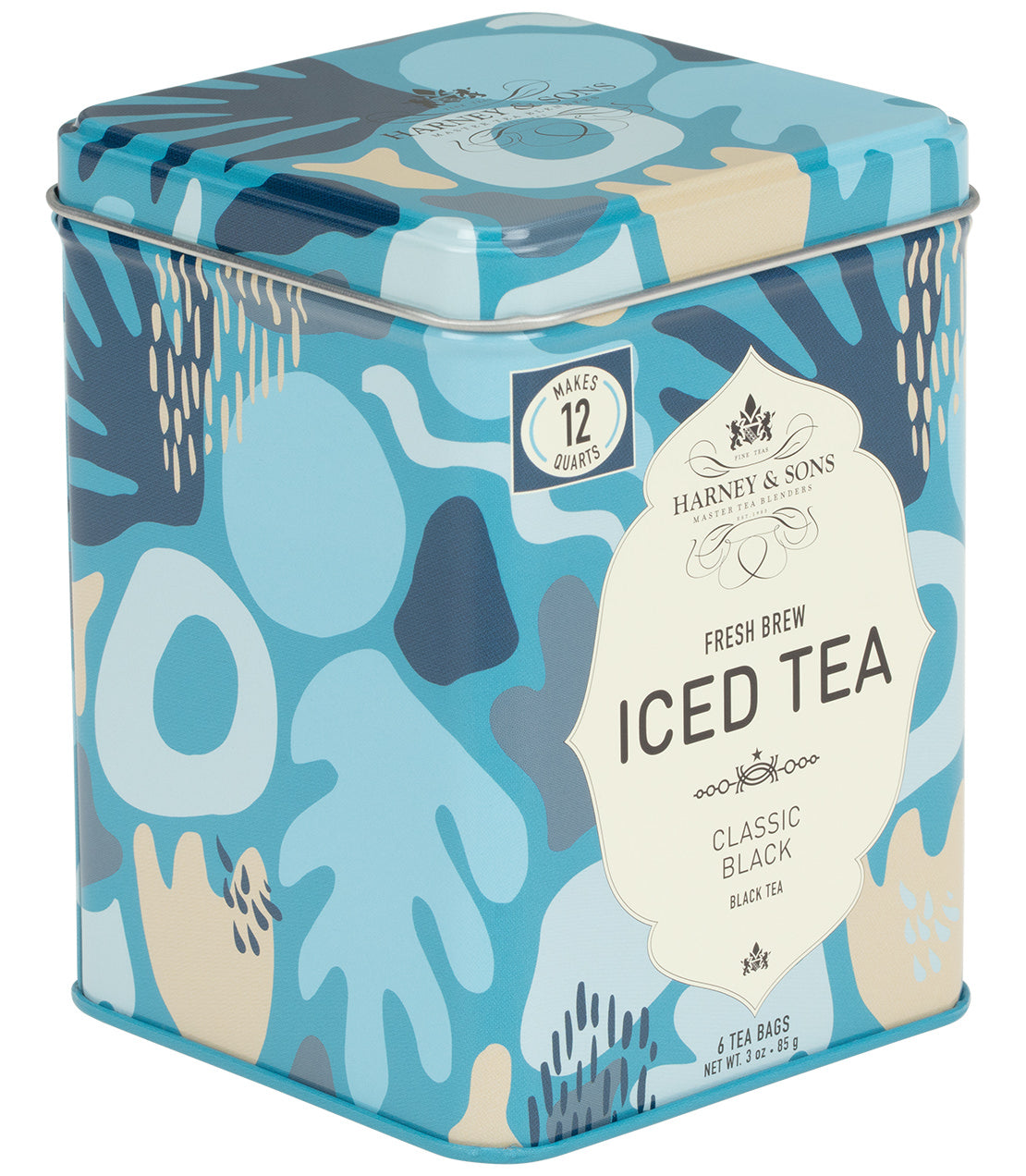 A blue and white patterned metal tin of Harney & Sons Classic Black Iced Tea, containing 6 tea bags for 12 quarts