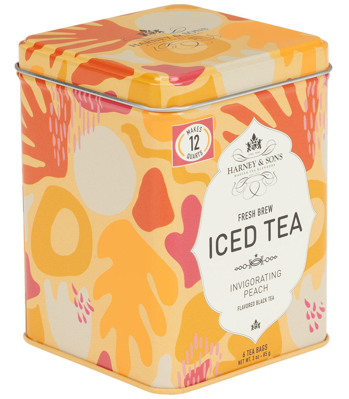 A colorful tin container of Harney & Sons Invigorating Peach flavored black tea, 6 tea bags designed for 12 quarts.