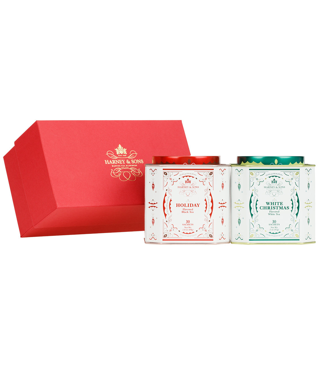 Harney & Sons Fine Teas- Holiday Duo Gift set featuring White Christmas and Holiday tea blends in decorative tins