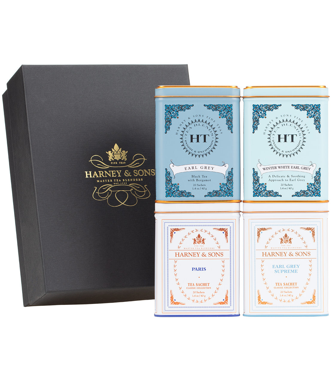 Harney & Sons Fine Teas- Everyday Earl Grey Gift- A Harney & Sons tea gift set featuring four distinct tea varieties in elegant tin containers, presented with a matching black box.