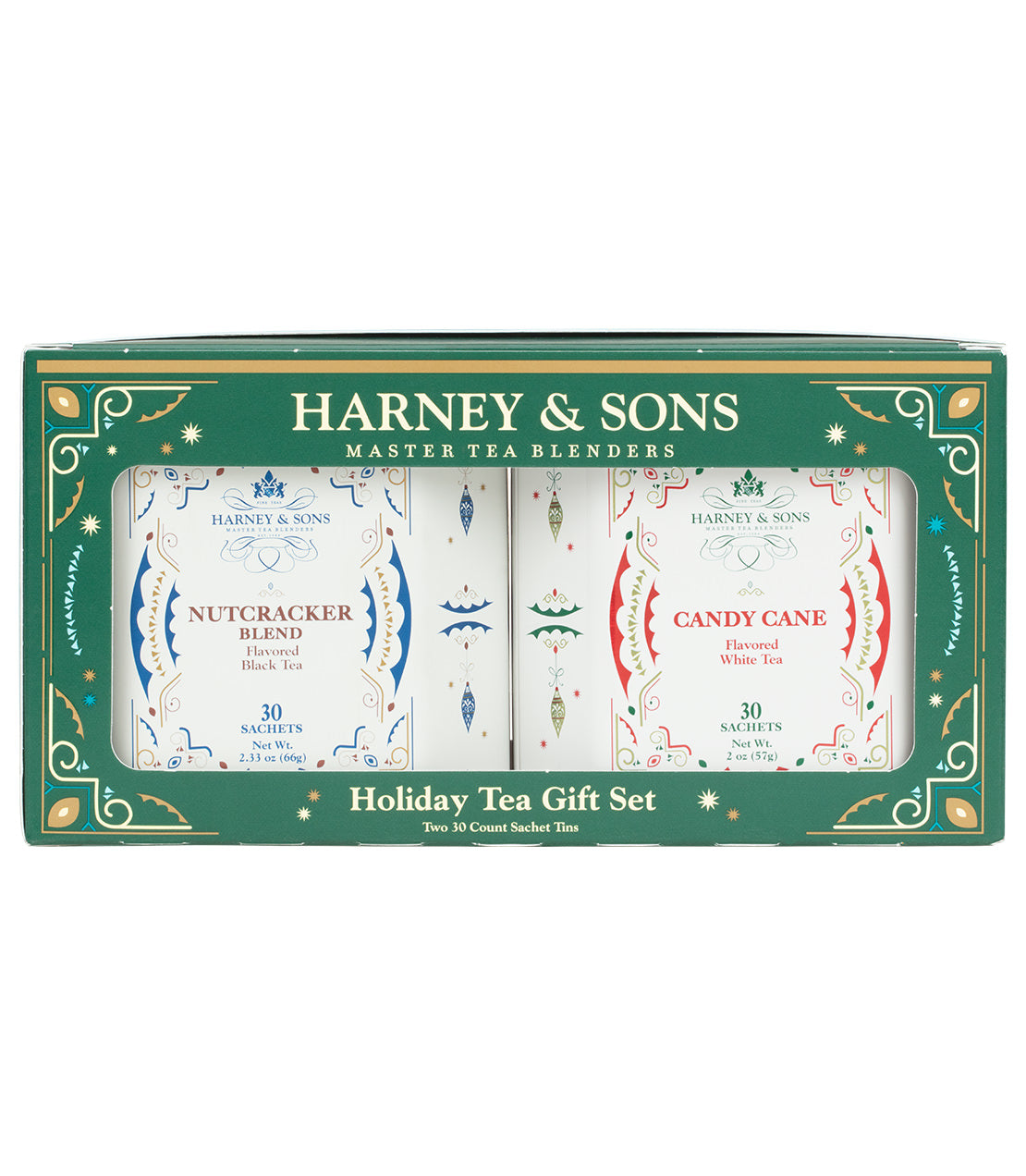 A green holiday-themed gift box from Harney & Sons containing two festive tea blends: Nutcracker Blend and Candy Cane.