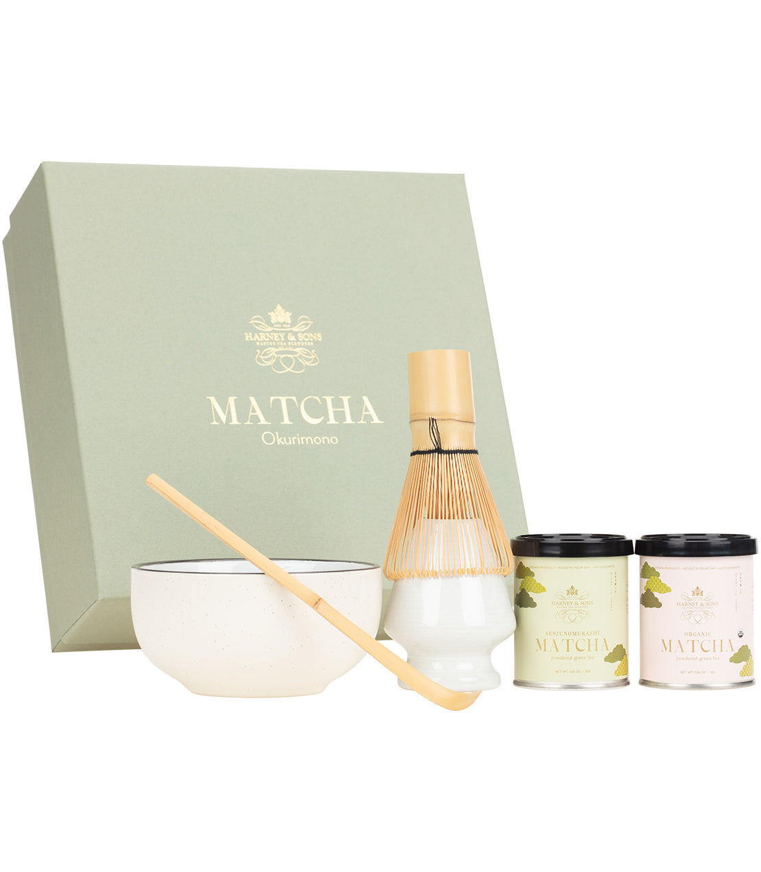 Matcha Okurimono gift set featuring two matcha tins, a ceramic bowl, bamboo whisk, and a wooden scoop in a decorative box.