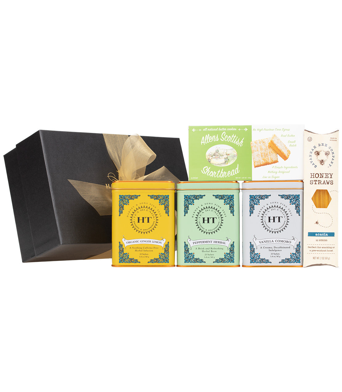 Tea & Comfort Gift set featuring three tins of assorted teas, Allens Scottish Shortbread, honey straws, and elegant packaging.