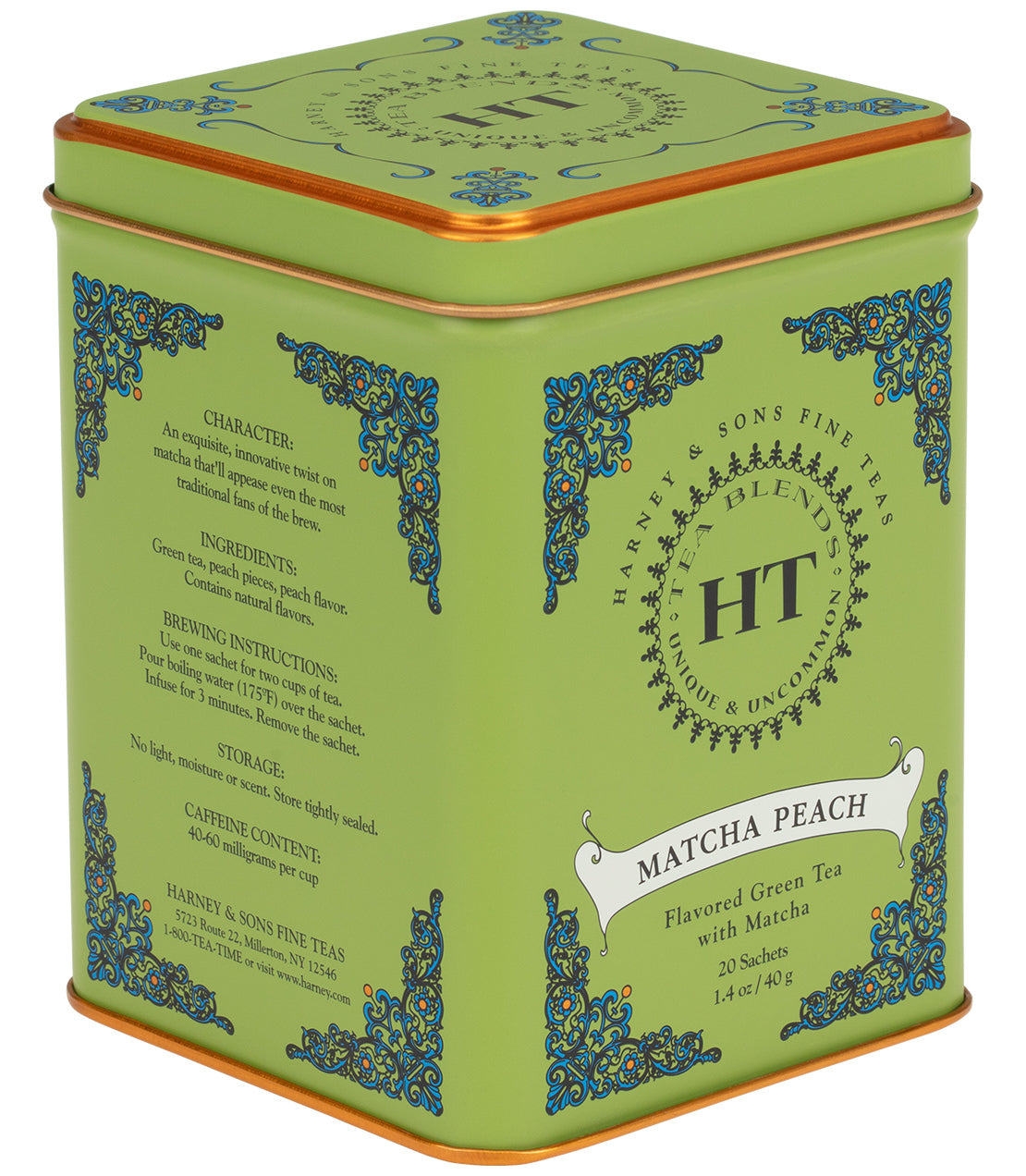 Harney & Sons Fine Teas- HT Collection- Matcha Peach- Flavored Green Tea with Matcha- Green Tin of 20 Sachets