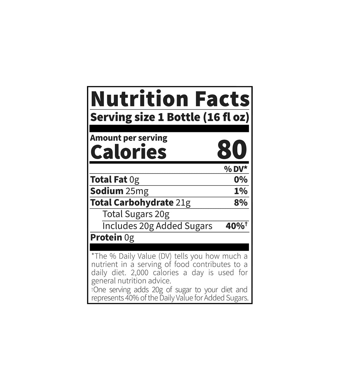 Harney & Sons Fine Teas- Strawberry Libertea- A nutrition label for a 16 fl oz bottle (serving size 1 bottle) showing 80 calories, 0g fat, 25mg sodium, 21g total carbohydrates including 20g added sugars (40% DV), and 0g protein