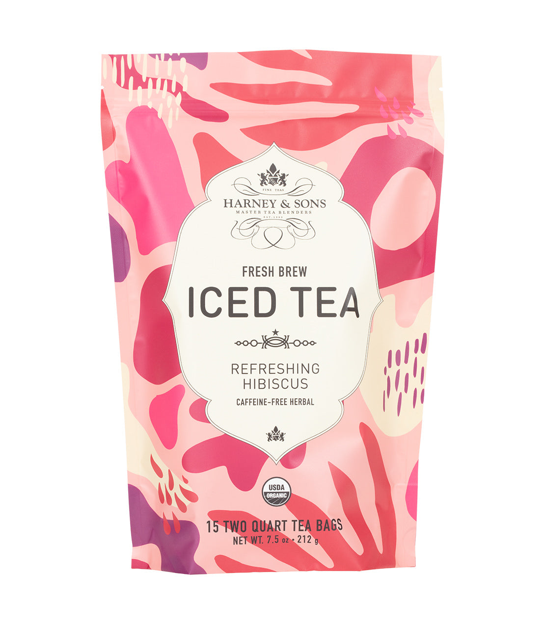 Harney & Sons Fine Teas- Fresh Brew Iced Tea- Refreshing Hibiscus- 15 Two Quart Tea Bags in a pink, red, and purple decorative bag