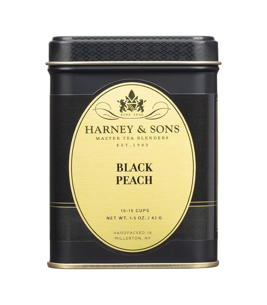A black and gold 1.5 oz tin of Harney & Sons loose leaf Black Peach tea, handpacked in Millerton, NY.