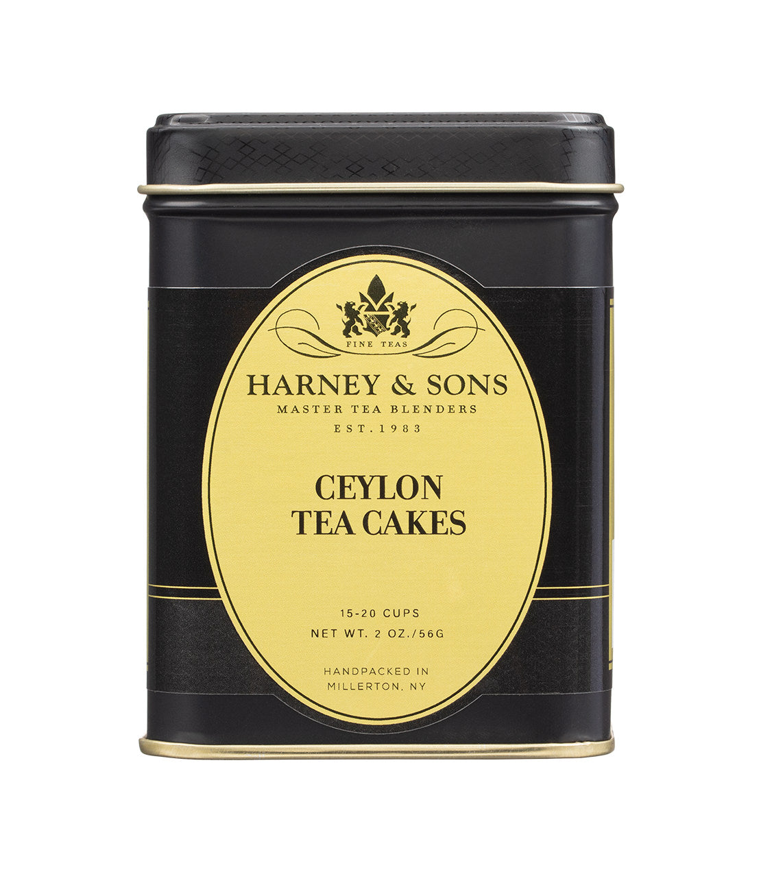 A 2oz black and gold tin of Harney & Sons Ceylon Tea Cakes, handpacked in Millerton, NY.