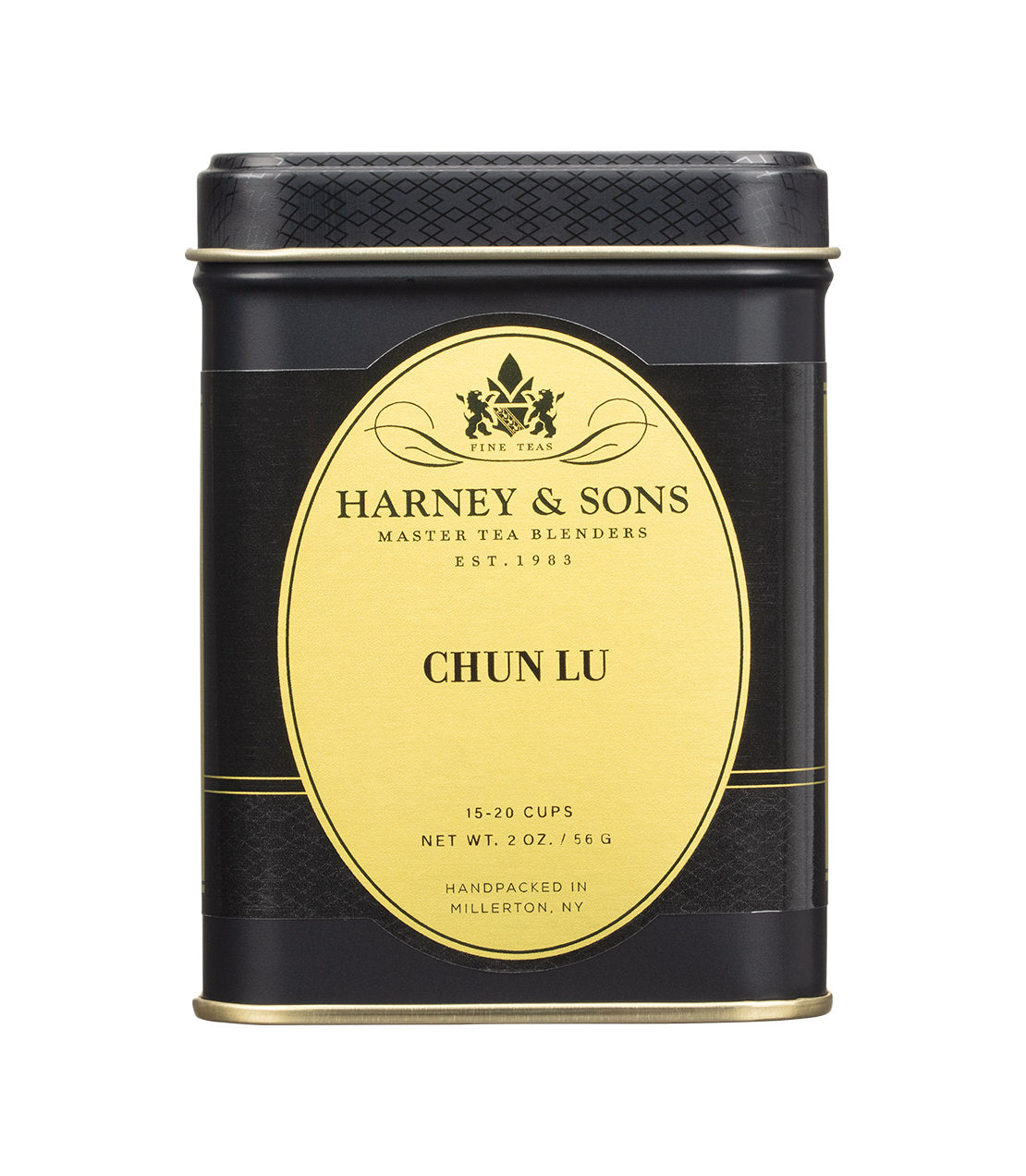 A black and gold tin of Harney & Sons Chun Lu tea containing 2oz of loose tea, handpacked in Millerton, NY.