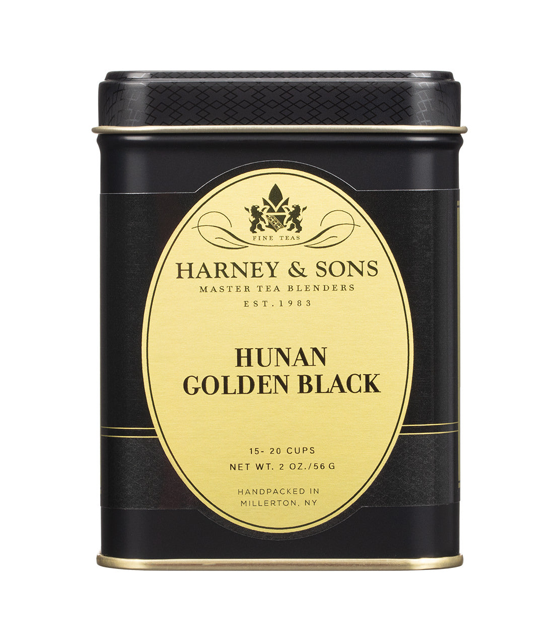 A black and gold 2OZ tin of Harney & Sons Hunan Golden Black tea, handpacked in Millerton, NY.