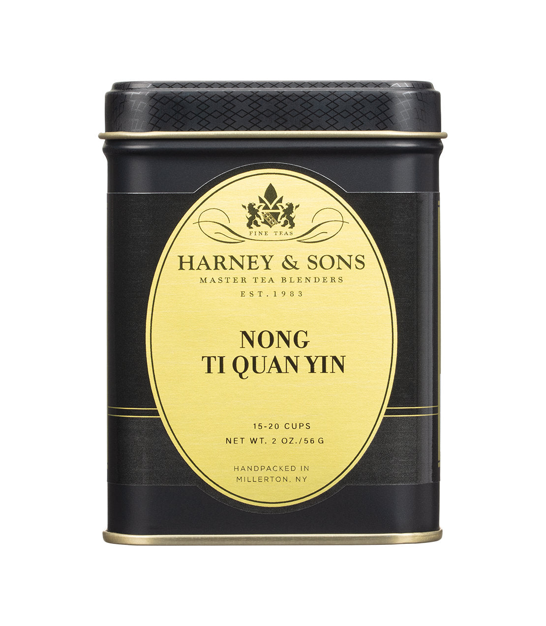 A black and gold 2oz tin of Harney & Sons Nong Ti Quan Yin tea, handpacked in Millerton, NY.