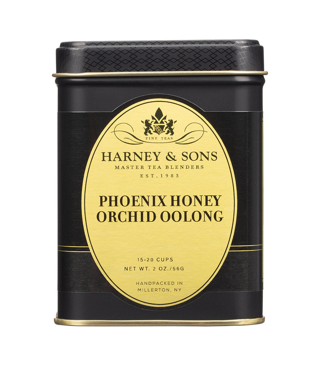 A black and gold 2OZ tea tin labeled "Phoenix Honey Orchid Oolong" by Harney & Sons.