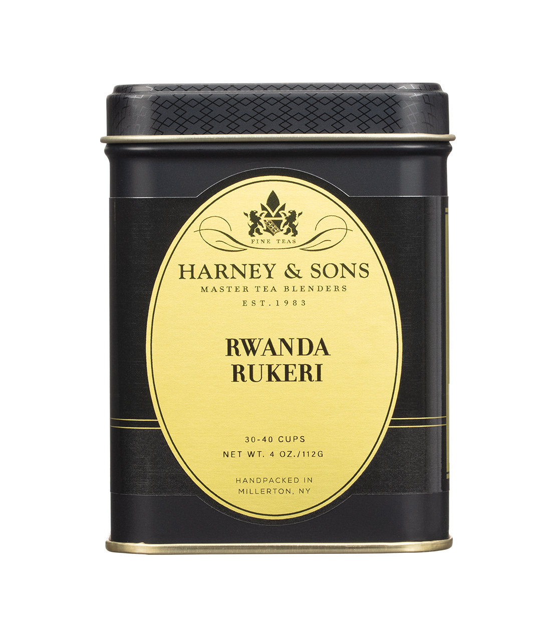 A 4oz black tin with a gold label contains 4oz Harney & Sons Rwandan Rukeri tea, handpacked in Millerton, NY.