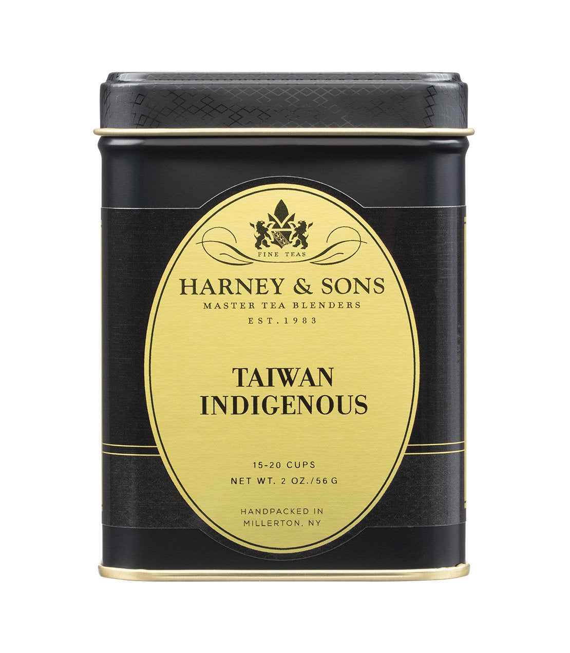 A black metal tea tin with a large gold oval label reading 'HARNEY & SONS' and 'TAIWAN INDIGENOUS' containing 2oz of loose leaf tea, shown on a plain white background.