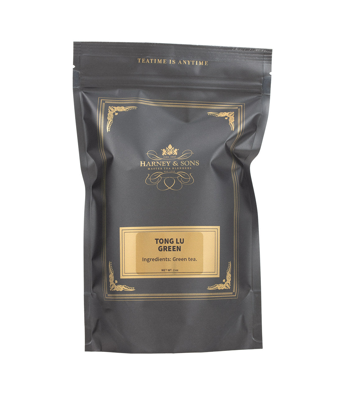 A black pouch with gold foil detailing contains Harney & Sons Tong Lu Green tea, weighing 2 oz