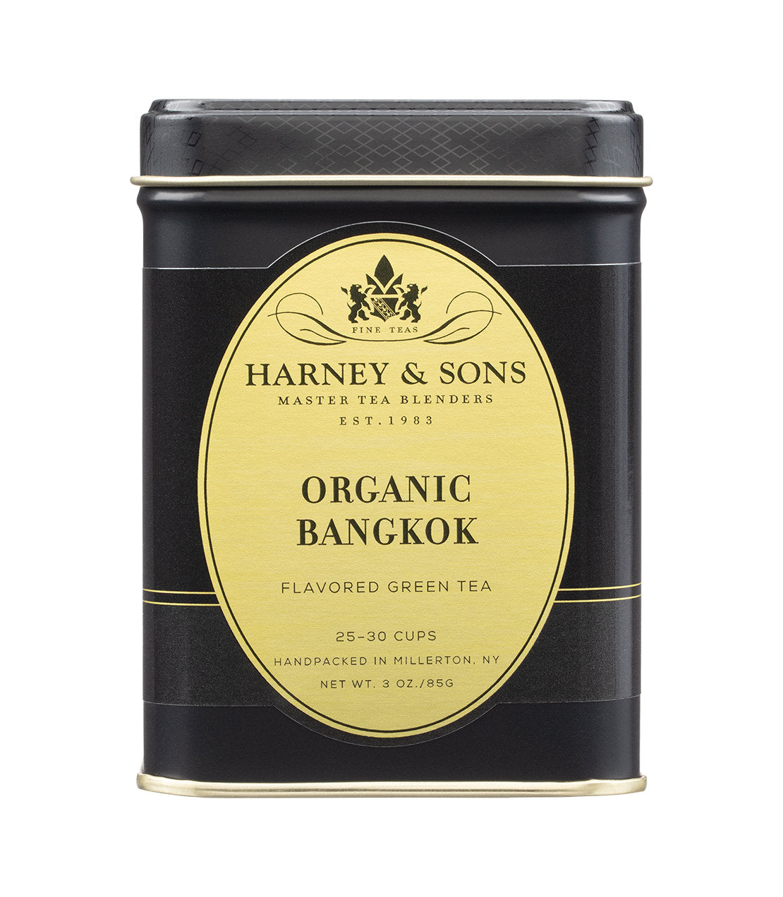 A black metal tea tin with a large gold oval label reading Harney & Sons Organic Bangkok Flavored Green Tea, shown on a plain white background.