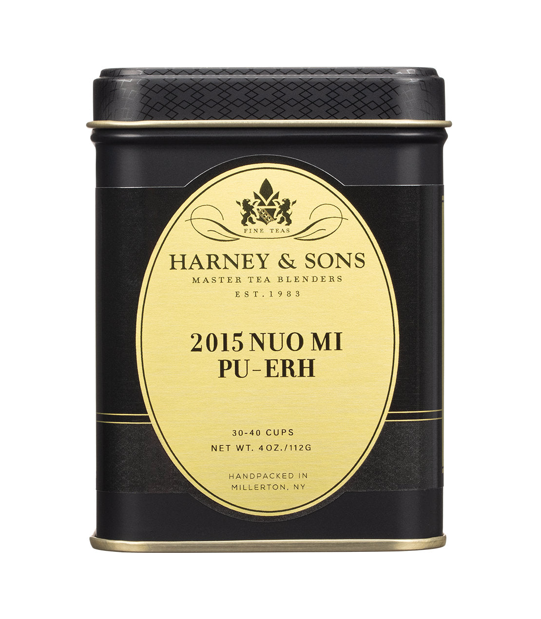 A black and gold 4OZ tin of 2015 Nuo Mi Pu-Erh tea from Harney & Sons, handpacked in Millerton, NY.
