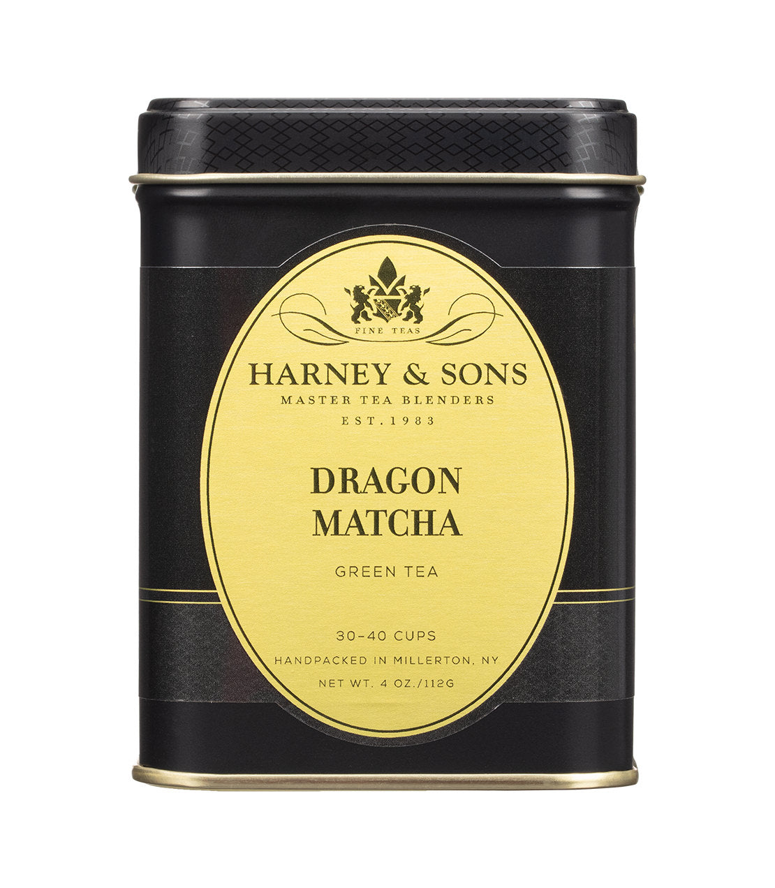 A black and gold 4oz tin of Harney & Sons Dragon Matcha green tea, handpacked in Millerton, NY.