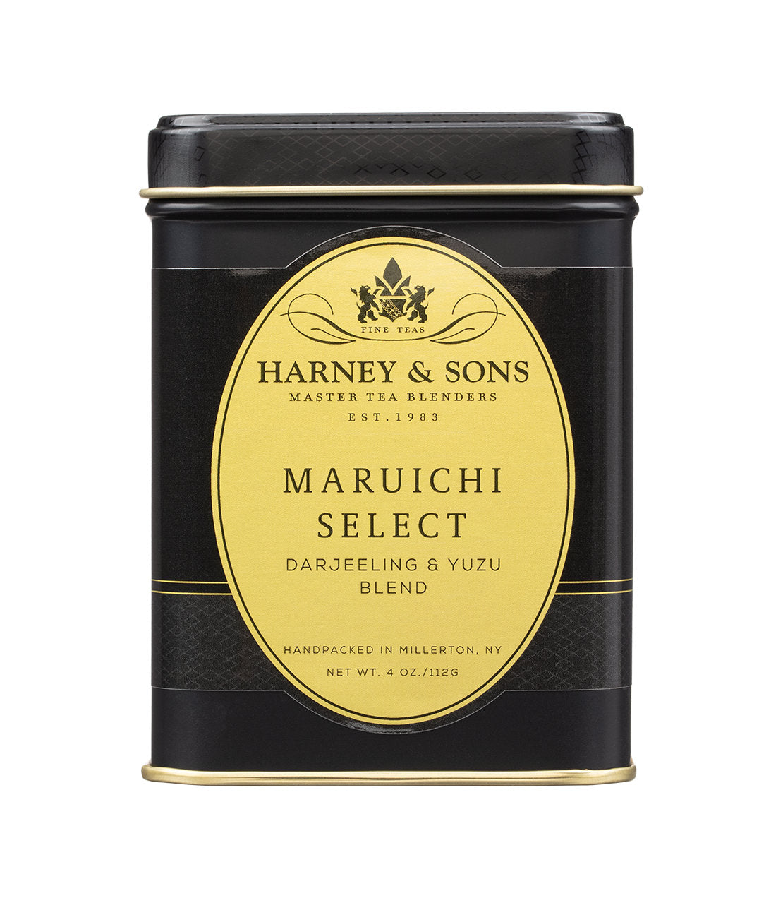 Harney & Sons Fine Teas- Maruichi Select- Darjeeling & Yuzu Blend- 4oz black and gold tin of loose leaf tea