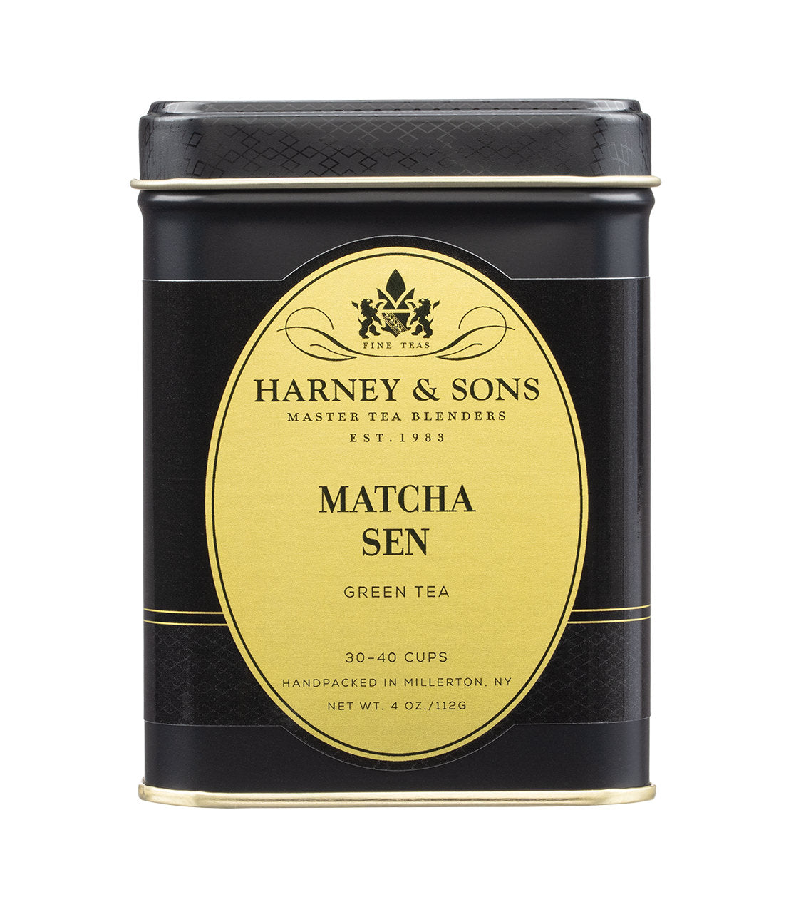 A black metal tea tin with a large gold oval label reading Harney & Sons Matcha Sen Green Tea, shown on a plain white background.