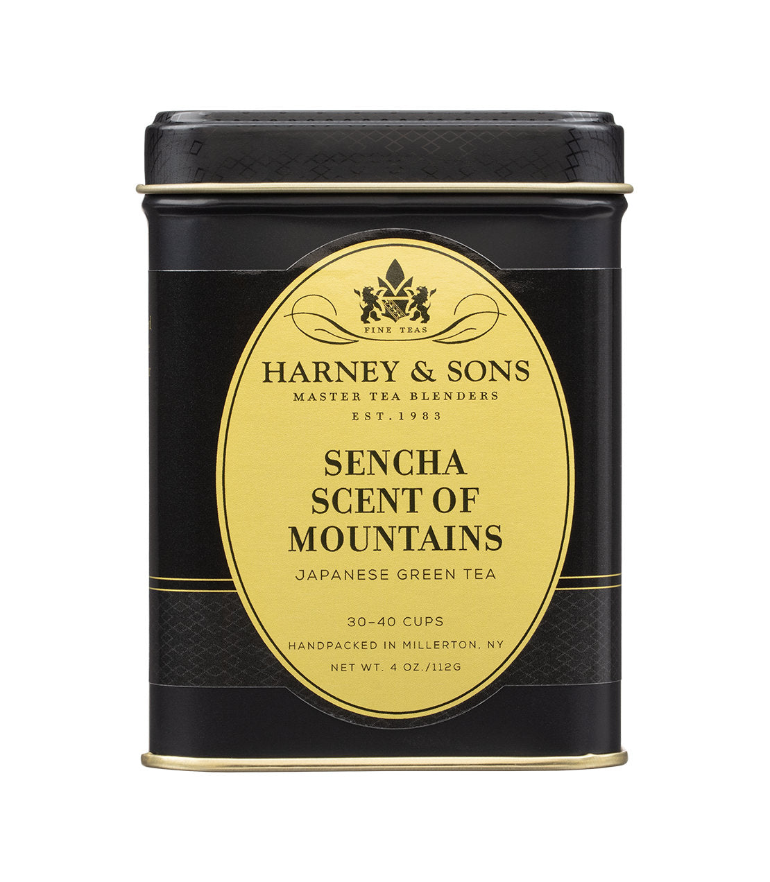 Harney & Sons Fine Teas- Sencha Scent of Mountains- Japanese Green Tea- Black and gold tin containing 4oz of loose tea