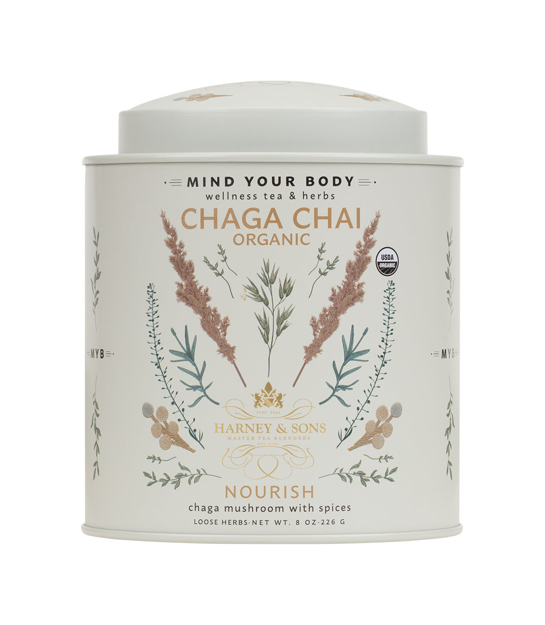 Harney & Sons Fine Teas- Mind Your Body Collection- Chaga Chai Organic- Nourish- Grey tin featuring images of herbs- 8oz tin of loose herbs- Chaga mushroom with spices
