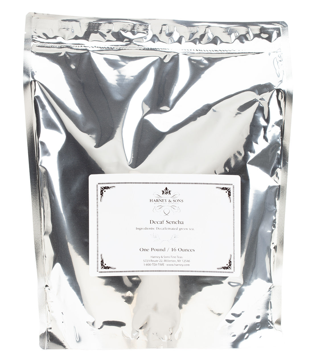 Harney & Sons Fine Teas- Decaf Sencha- Reflective silver bag with white label- One Pound/16 Ounces of loose tea